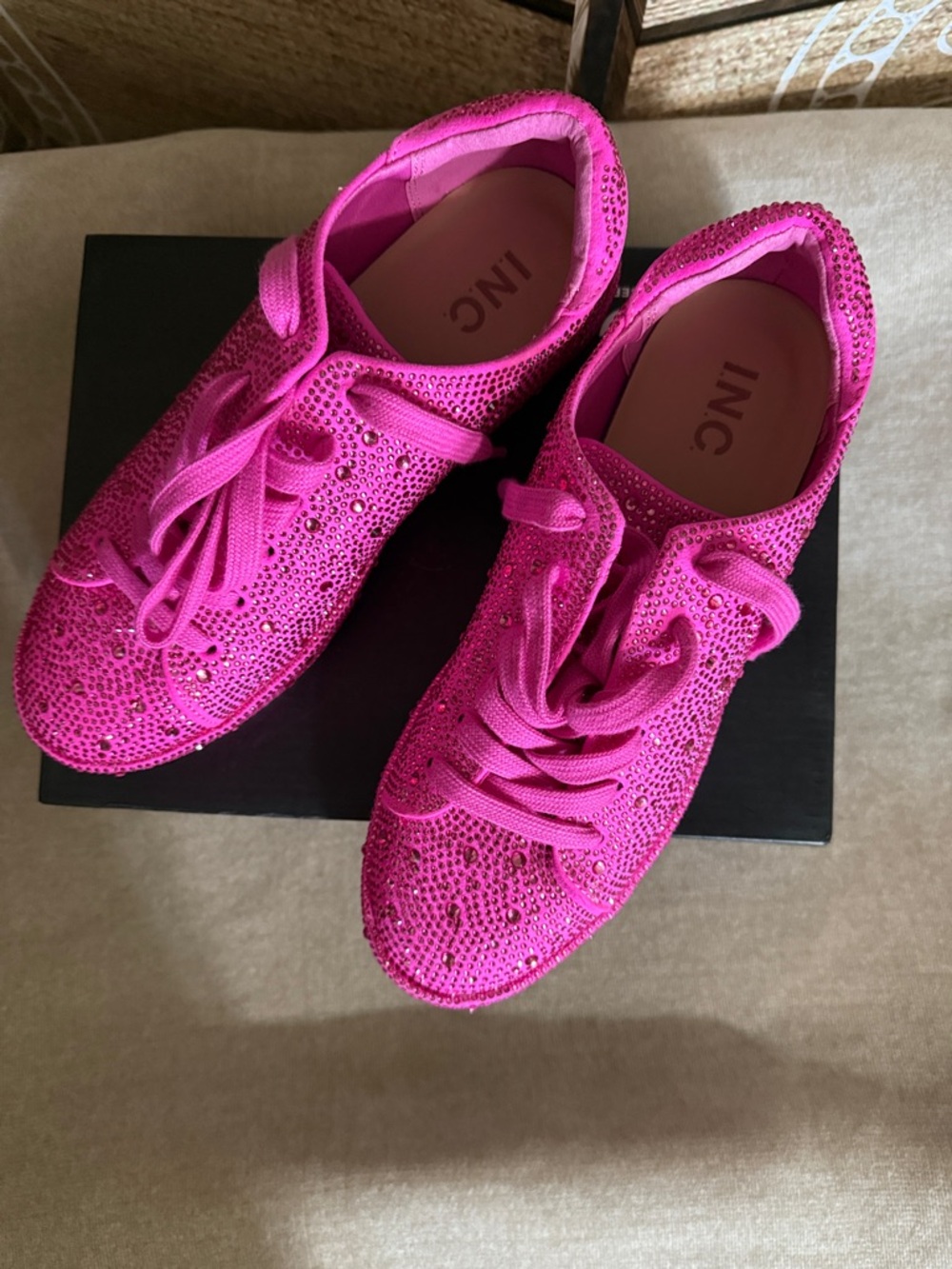 INC International Concepts Bright Pink Rhinestone Lace-Up Sneakers - Picture 3 of 3